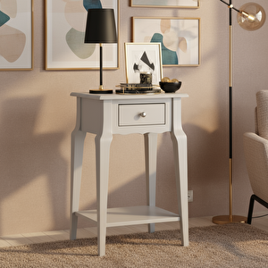 Masif Konik Açık Gri Raflı Yan Sehpa - Saksılık