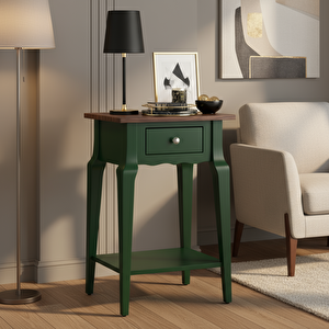 Masif Konik Yeşil Ceviz Raflı Yan Sehpa - Saksılık