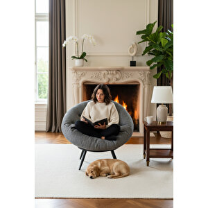 Babi Tekli Berjer | Armut Koltuk Minderli Metal Sandalye | Keten Kumaş Salon Koltuğu Gri