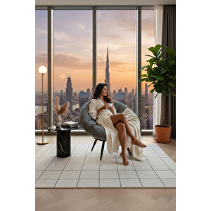 Babi Tekli Berjer | Armut Koltuk Minderli Metal Sandalye | Keten Kumaş Salon Koltuğu Gri