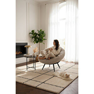 Babi Tekli Berjer | Armut Koltuk Minderli Metal Sandalye | Keten Kumaş Salon Koltuğu Krem