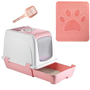 Orta Boy Çekmeceli Kapalı Kedi Tuvaleti Paspas Ve Kürek Hediyeli Pembe