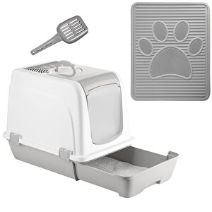 Orta Boy Çekmeceli Kapalı Kedi Tuvaleti Paspas Ve Kürek Hediyeli Gri