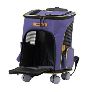 Brave Paws 4 Tekerlekli Frenli Yırtılmaz Plastik Fileli Kedi Ve Köpek Taşıma Çantası, Kedi Sırt Taşıma Çantası Mor
