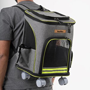 Reyo Brave Paws 4 Tekerlekli Frenli Yırtılmaz Plastik Fileli Kedi Ve Köpek Taşıma Çantası, Kedi Sırt Taşıma Çantası Gri