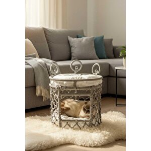 Lüxperi Kristal Taşlı İki Katlı Kedi Yatağı, Kedi Ranzası Açık Gri