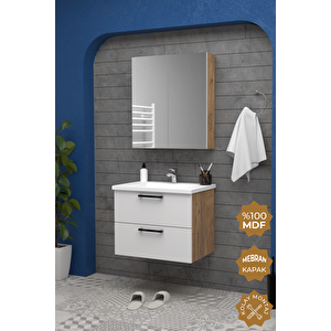 Havana 65 Cm Mdf Gövde Membran Kapak Banyo Dolabı Seti Atlantik Çam - Beyaz