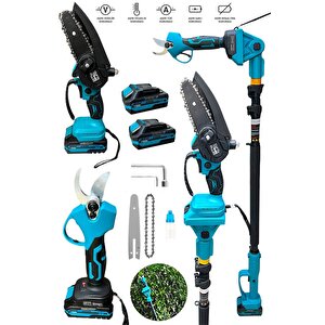 21v Profesyonel 3'lü Set Çift Akülü Teleskopik Kollu Bağ Makası & Budama Testeresi