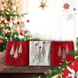 Yılbaşı Özel Tasarım Nakışlı 3'lü Havlu 30x50 Cm -7