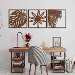 Ahşap Duvar Tablosu, 3 Parça Ahşap Modern Yaprak Duvar Dekoru, Geometrik Desen Duvar Paneli, Ceviz 28x28 cm