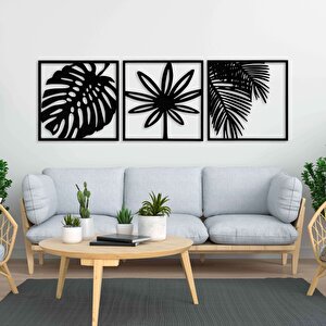 Ahşap Duvar Tablosu, 3 Parça Ahşap Modern Yaprak Duvar Dekoru, Geometrik Desen Duvar Paneli, Siyah 40,5x40,5 cm