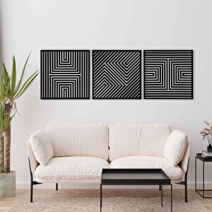 Ahşap Duvar Tablosu, 3 Parça Ahşap Modern Yanılsama Duvar Dekoru, Soyut Desen Duvar Paneli, Siyah 28x28 cm