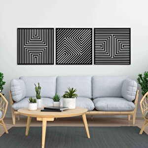 Ahşap Duvar Tablosu, 3 Parça Ahşap Modern Yanılsama Duvar Dekoru, Soyut Desen Duvar Paneli, Siyah 71x71 cm