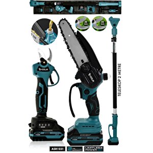 Assur 21v Çift Akülü Teleskopik Testere Makas Dal Budama Makinesi Seti 3'lü