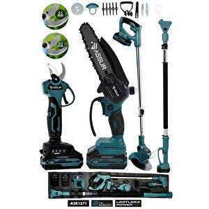 4'lü Set 21v Çift Akülü Teleskopik Dal Budama Makinesi & Şarjlı Tırpan Çim Biçme Makinesi Mavi