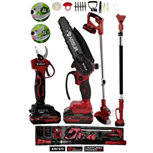 4'lü Set 21v Çift Akülü Teleskopik Dal Budama Makinesi & Şarjlı Tırpan Çim Biçme Makinesi Kırmızı