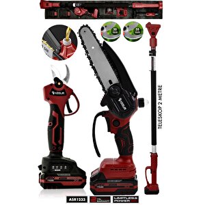 21v Çift Akülü Teleskopik Testere Makas Dal Budama Makinesi Seti 3'lü Kırmızı