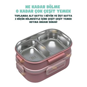 Bento Lunchbox 1330 Ml – 2 Katlı, 3 Bölmeli, Paslanmaz Çelik Sefer Tası Yemek Kabı, Sızdır