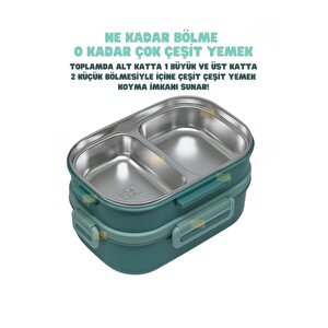 Bento Lunchbox 1330ml – 2 Katlı, 3 Bölmeli, Paslanmaz Çelik Sefer Tası Yemek Kabı, Sızdırm