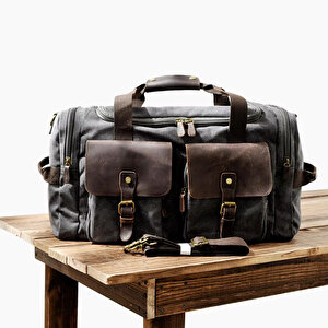 Retro Kanvas Deri Seyahat Spor Çantası (gri)