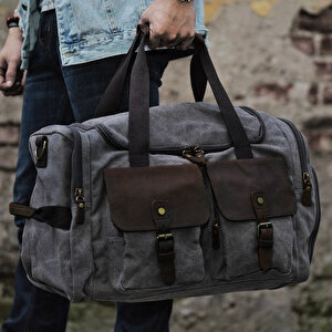 Retro Kanvas Deri Seyahat Spor Çantası (gri)