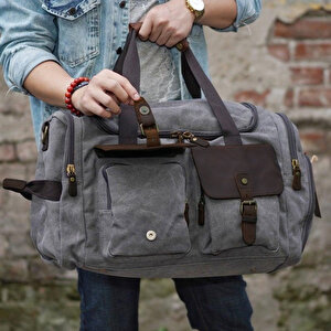 Retro Kanvas Deri Seyahat Spor Çantası (gri)