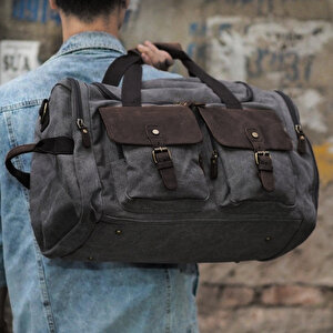 Retro Kanvas Deri Seyahat Spor Çantası (gri)