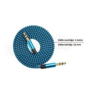 Aux Stereo 3.5mm Data Ses Örgü Kablo Mavi