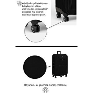 3'lü Set Büyük Orta Ve Kabin Boy Kumaş Valiz Siyah 2308