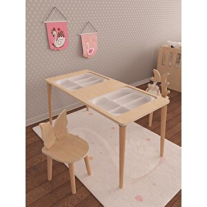 Twin 3 Sepetli Doğal Boyasız Ahşap Montessori Çok Amaçlı Oyun Ve Aktivite Masası