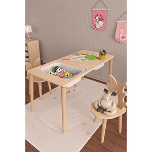 Twin 3 Sepetli Doğal Boyasız Ahşap Montessori Çok Amaçlı Oyun Ve Aktivite Masası