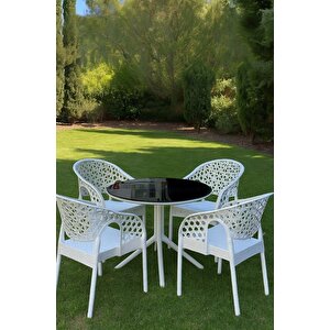 Maria Lotus Yuvarlak Masa Takımı 90x90 Cm Camlı Masa 4 Kişilik Masa Seti