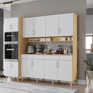 Lora Kahve Köşesi Çok Amaçlı Dolap Kiler Mutfak Dolabı Meşe Beyaz 220cm - Montaj Dahil