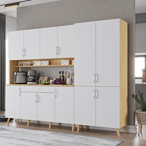 Gale Kahve Köşesi Çok Amaçlı Dolap Kiler Mutfak Dolabı Meşe Beyaz 210cm - Montaj Dahil