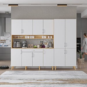 Gale Kahve Köşesi Çok Amaçlı Dolap Kiler Mutfak Dolabı Meşe Beyaz 210cm - Montaj Dahil