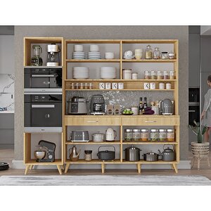 Lora Kahve Köşesi Çok Amaçlı Dolap Kiler Mutfak Dolabı Meşe 220cm - Montaj Dahil