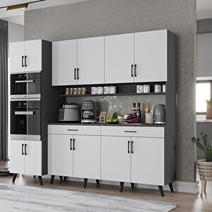 Lora Kahve Köşesi Çok Amaçlı Dolap Kiler Mutfak Dolabı Füme Beyaz 220cm - Montaj Dahil