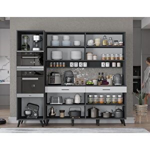 Lora Kahve Köşesi Çok Amaçlı Dolap Kiler Mutfak Dolabı Füme Beyaz 220cm - Montaj Dahil