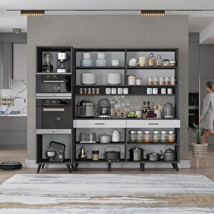 Lora Kahve Köşesi Çok Amaçlı Dolap Kiler Mutfak Dolabı Füme Beyaz 220cm - Montaj Dahil