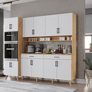 Lora Kahve Köşesi Çok Amaçlı Dolap Kiler Mutfak Dolabı Çam Beyaz 220cm - Montaj Dahil