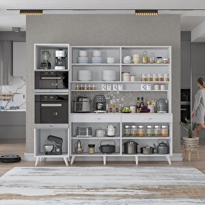 Lora Kahve Köşesi Çok Amaçlı Dolap Kiler Mutfak Dolabı Beyaz 220cm - Montaj Dahil