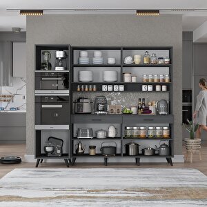 Lora Kahve Köşesi Çok Amaçlı Dolap Kiler Mutfak Dolabı Füme 200cm - Montaj Dahil