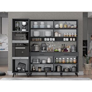 Lora Kahve Köşesi Çok Amaçlı Dolap Kiler Mutfak Dolabı Füme 200cm - Montaj Dahil