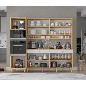 Lora Kahve Köşesi Çok Amaçlı Dolap Kiler Mutfak Dolabı Meşe Beyaz 200cm - Montaj Dahil