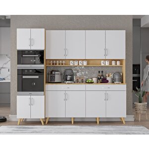 Lora Kahve Köşesi Çok Amaçlı Dolap Kiler Mutfak Dolabı Meşe Beyaz 200cm - Montaj Dahil