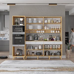 Lora Kahve Köşesi Çok Amaçlı Dolap Kiler Mutfak Dolabı Meşe Beyaz 200cm - Montaj Dahil