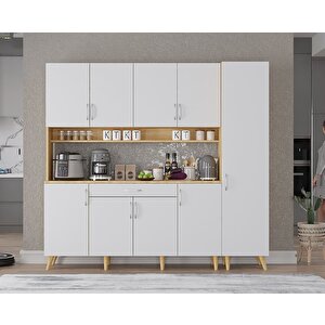 Zenit Kahve Köşesi Çok Amaçlı Dolap Kiler Mutfak Dolabı Meşe Beyaz 200cm - Montaj Dahil