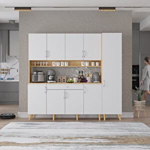 Zenit Kahve Köşesi Çok Amaçlı Dolap Kiler Mutfak Dolabı Meşe Beyaz 200cm - Montaj Dahil