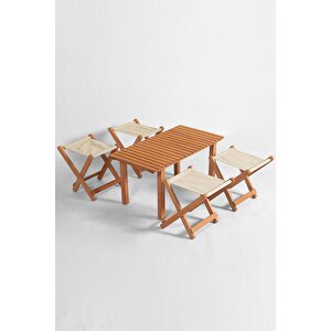 Kamp Karavan Piknik Balkon Bahçe Ahşap Sehpalı Tabure Seti 4+1