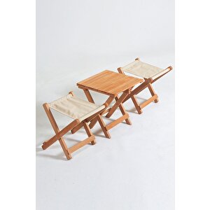 Kamp Karavan Piknik Balkon Bahçe Ahşap Sehpalı Tabure Seti 2+1